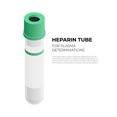 İzometrik tasarımda plazma tayinleri için heparin tüp vacutainer, beyaz arka plan üzerinde izole vektör illüstrasyon. Yeşil kapak infografik elemanı ile vakum tüp, kan tüpü izometrik simgesi.