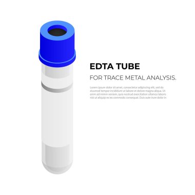 İzometrik tasarımda iz metal analizi için Edta vacutainer tüp, beyaz arka plan üzerinde izole vektör illüstrasyon. Koyu mavi kapak infografik elemanı ile vakum tüp, kan tüpü izometrik simgesi.