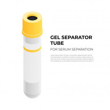 İzometrik tasarımda serum ayrıştırma için jel ayırıcı tüp vacutainer, beyaz arka plan üzerinde izole vektör tıbbi illüstrasyon. Sarı kapak lı fografik elemanlı vakum tüpü, tüp izometrik simgesi.
