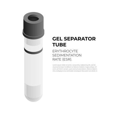İzometrik tasarımda Esr için jel ayırıcı vacutainer tüp, beyaz arka plan üzerinde izole vektör illüstrasyon. Siyah kapak infografik elemanı ile vakum tüp, kan tüpü izometrik simgesi.