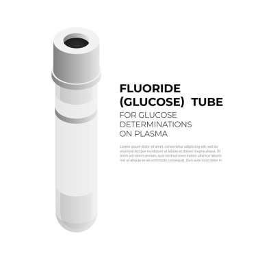 İzometrik tasarımda plazma da glikoz tayini için florür vacutainer tüp, beyaz arka plan üzerinde izole vektör illüstrasyon. Gri kapak infografik elemanı ile vakum tüpü, kan tüpü simgesi.