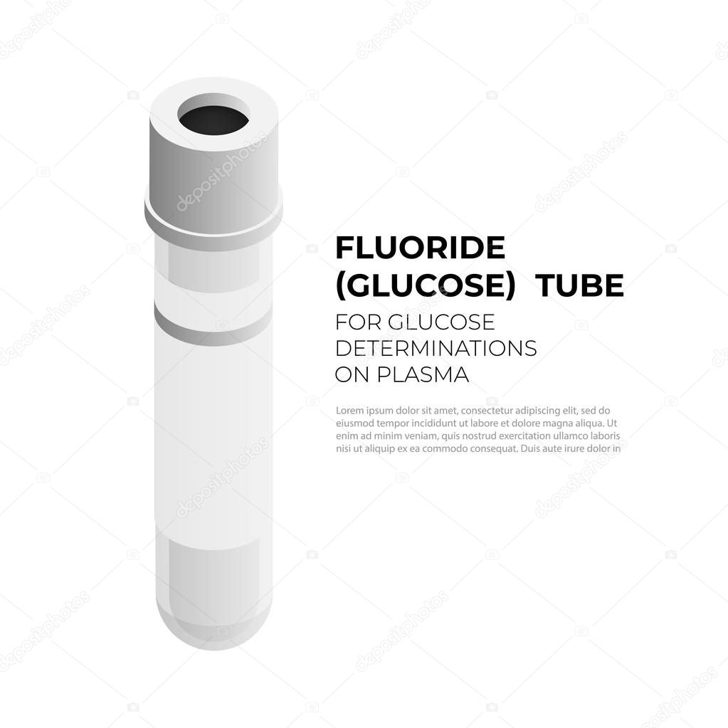 Fluoride vacutainer tube for glucose determinations on plasma in isometric design, vector illustration isolated on white background. Vacuum tube with grey cap infographic element, blood tube icon.