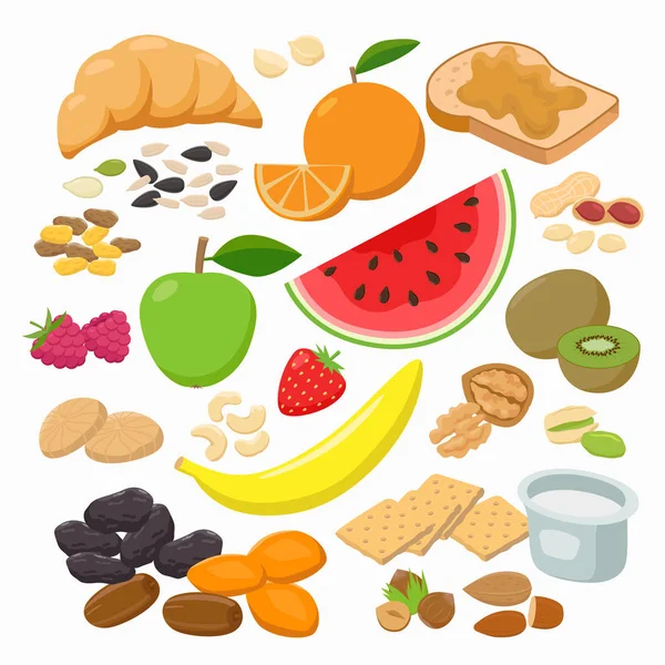 Verzameling van gezonde snacks geïsoleerd op witte achtergrond. Gezonde voeding vector illustratie in plat ontwerp. — Stockvector