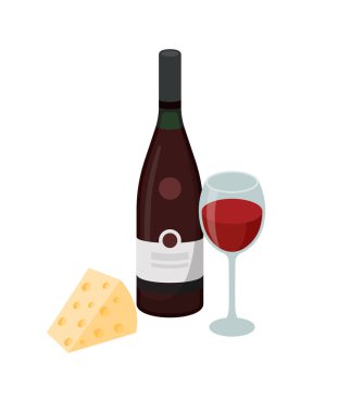 Beyaz arka plan üzerinde izole düz tasarım şarap şişesi, şarap ve peynir vektör illüstrasyon.