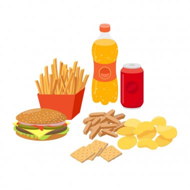 Fast food, düz tasarıma göre ayarlanmış abur cubur, beyaz arka plan üzerine izole vektör çizimleri.