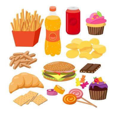 Fast foods vector flat illustration. Group of snacks, hamburger, french fries, soft drinks, croissant, crackers, sweets, chocolate, candies, popular junk food isolated on white background. clipart