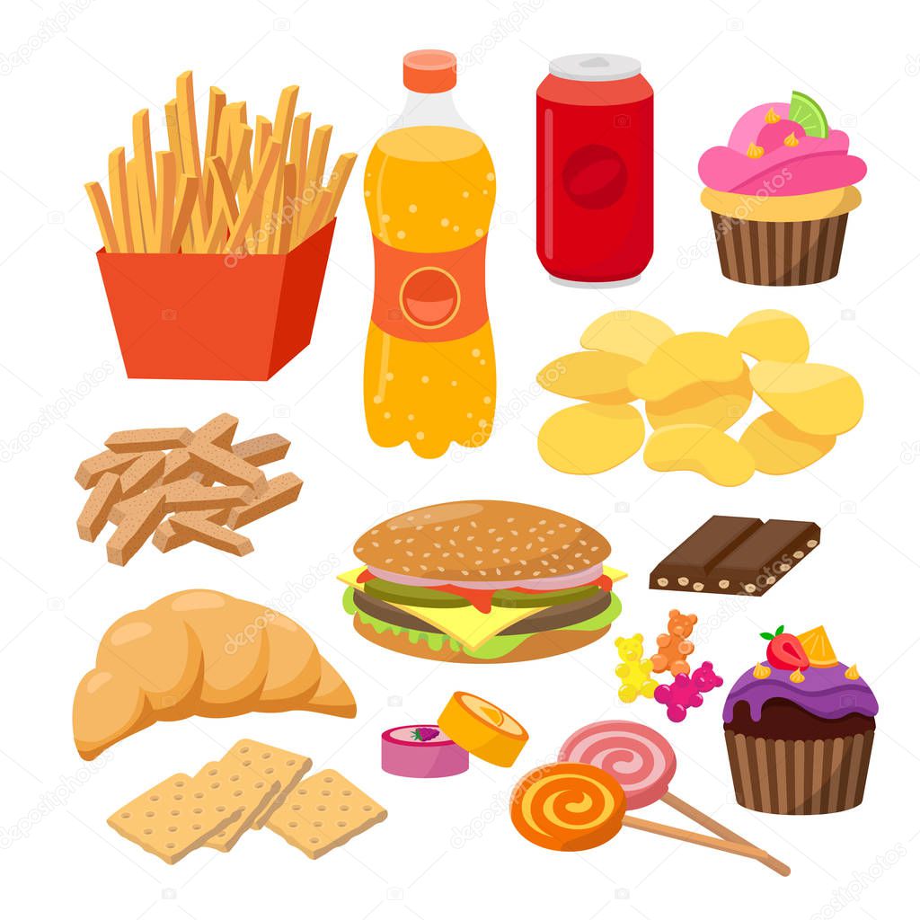 Fast foods vector flat illustration. Group of snacks, hamburger, french fries, soft drinks, croissant, crackers, sweets, chocolate, candies, popular junk food isolated on white background.