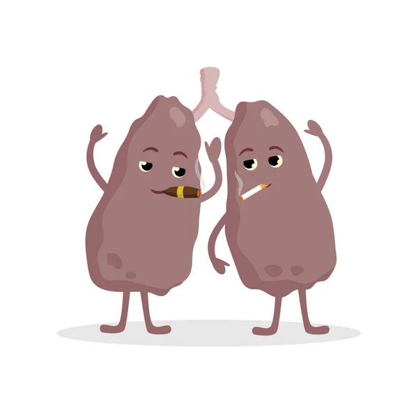 폐 만화 캐릭터 흡연과 나쁜 건강, 폐암을 가지고있다. 흰색 배경에 격리 된 폐 개념 벡터 그림에 담배의 영향. — 스톡 벡터