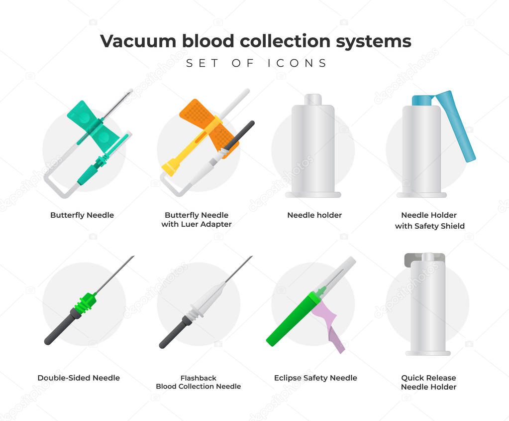 Vacuum blood collection systems vector icons isolated on white background. Medical illustration in flat design.