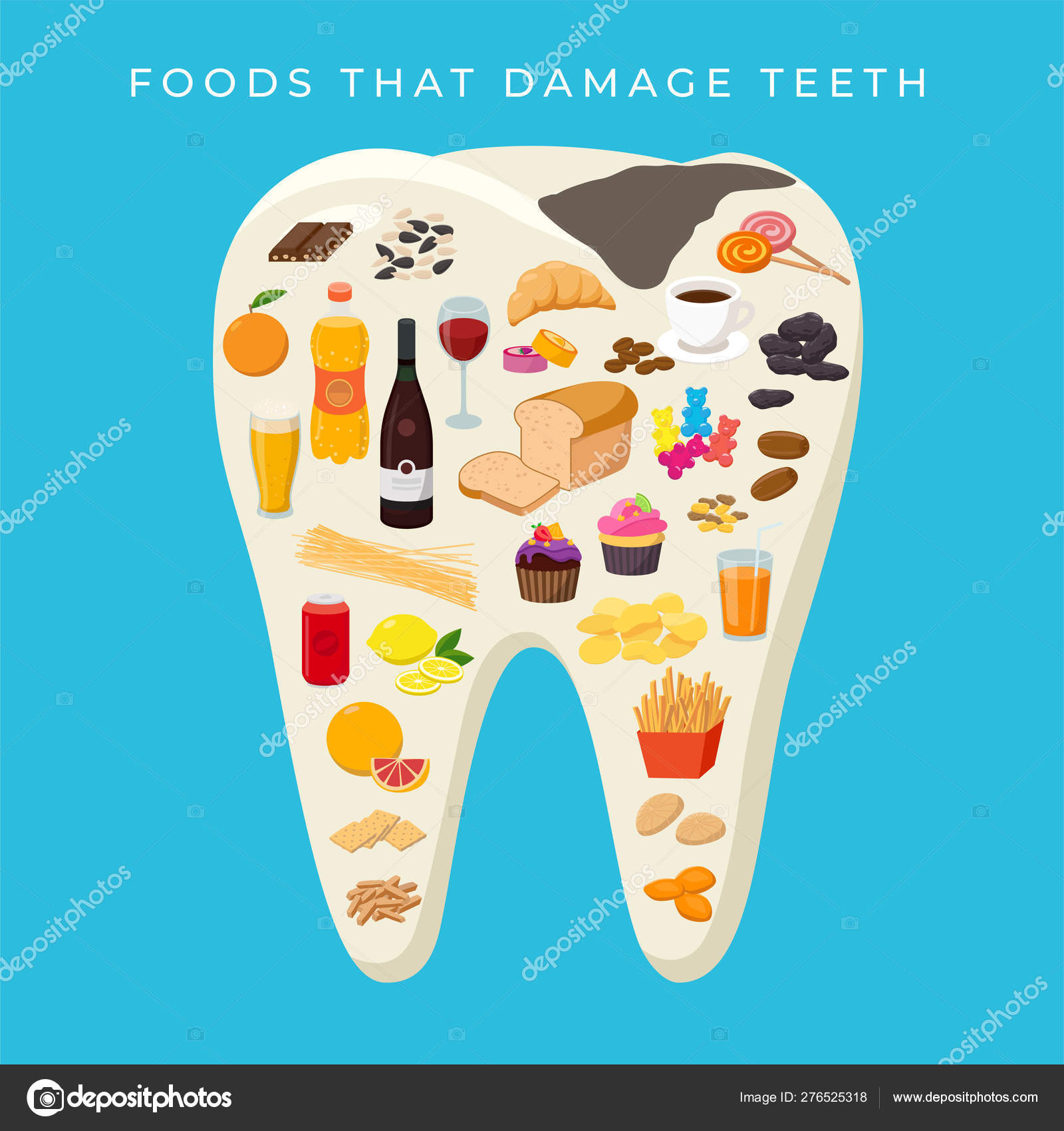 Bad Food that damages Teeth concept vector illustration in flat design