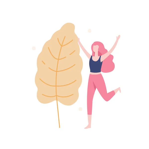 Happy girl and the big leaf isolated on white background, vector illustration in flat design. People having reunion with Nature concept illustration. — Stock Vector