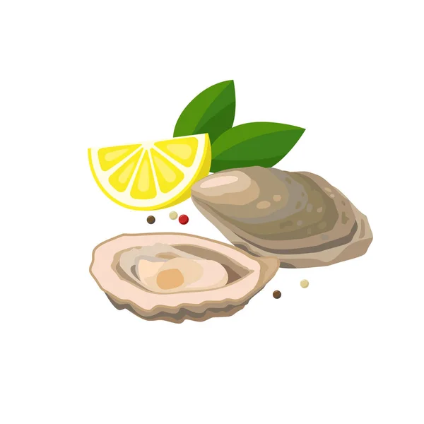Auster mit Zitronenvektorabbildung in flachem Design isoliert auf weißem Hintergrund. — Stockvektor