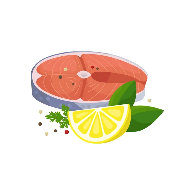 Steak salmon dengan lemon dan ilustrasi vektor rempah-rempah dalam desain datar diisolasi pada latar belakang putih . - Stok Vektor