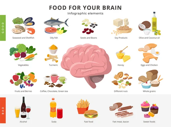 Zdravé jídlo a špatné jídlo na mozky infografické prvky v podrobném plochém designu izolované na bílém pozadí. Velké sbírce jídel ikon kolem mozku ilustrace, lékařský infografický motiv. — Stockový vektor