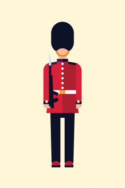 London Queens guard Vector düz illüstrasyon bir silah ile üniformalı bir İngiliz askerinin. Işık arka planda yalıtılmış Kılavuz Simgesi.
