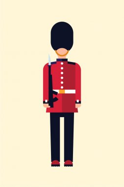 London Queens guard Vector flat illustration of a British soldier in uniform with a gun. Guid Icon isolated on light background. clipart