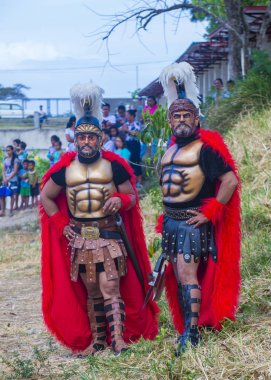 Boac, Filipinler - 30 Mart: Katılımcılar Boac Marinduque Moriones Festivali Türkiye ada. Anualy kutsal hafta düzenlenen Moriones Festivali 