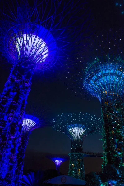 Februery 2018 シンガポール湾による庭園でシンガポール Supertrees 木が異なった色によって照らされるとき それは音楽と光のショー — ストック写真