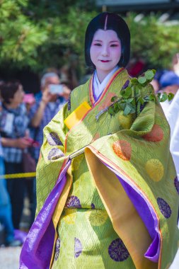 Kyoto - 15 Mayıs: Aoi Matsuri katılımcısı Kyoto, Japonya üzerinde 15 Mayıs 2018. AOI Mastsuri tarihlerinde Kyoto, Japonya'da üç ana yıllık festivaller biridir