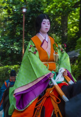 Kyoto - 15 Mayıs: Aoi Matsuri katılımcısı Kyoto, Japonya üzerinde 15 Mayıs 2018. AOI Mastsuri tarihlerinde Kyoto, Japonya'da üç ana yıllık festivaller biridir