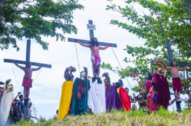 Boac, Filipinler - 30 Mart: Katılımcılar Boac Marinduque Moriones Festivali Türkiye ada. Anualy kutsal hafta düzenlenen Moriones Festivali 