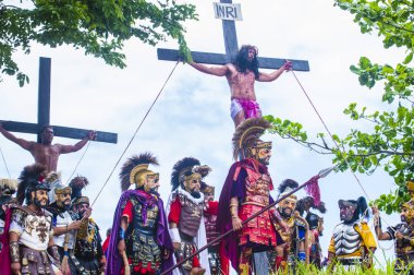 Boac, Filipinler - 30 Mart: Katılımcılar Boac Marinduque Moriones Festivali Türkiye ada. Anualy kutsal hafta düzenlenen Moriones Festivali 