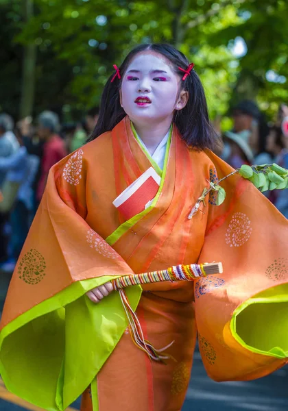 Kyoto Maggio Partecipante Aoi Matsuri Kyoto Giappone Maggio 2018 Aoi — Foto Stock