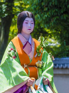 Kyoto - 15 Mayıs: Aoi Matsuri katılımcısı Kyoto, Japonya üzerinde 15 Mayıs 2018. AOI Mastsuri tarihlerinde Kyoto, Japonya'da üç ana yıllık festivaller biridir