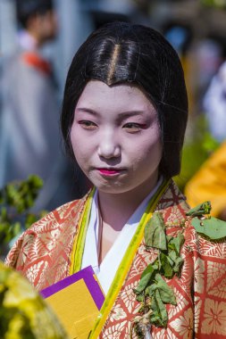 Kyoto - 15 Mayıs: Aoi Matsuri katılımcısı Kyoto, Japonya üzerinde 15 Mayıs 2018. AOI Mastsuri tarihlerinde Kyoto, Japonya'da üç ana yıllık festivaller biridir