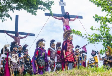 Boac, Filipinler - 30 Mart: Katılımcılar Boac Marinduque Moriones Festivali Türkiye ada. Anualy kutsal hafta düzenlenen Moriones Festivali 