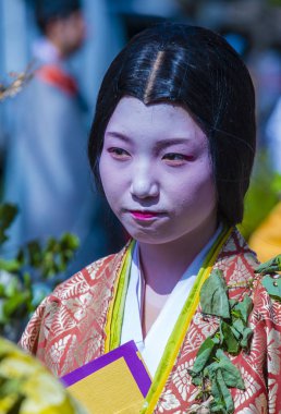Kyoto - 15 Mayıs: Aoi Matsuri katılımcısı Kyoto, Japonya üzerinde 15 Mayıs 2018. AOI Mastsuri tarihlerinde Kyoto, Japonya'da üç ana yıllık festivaller biridir