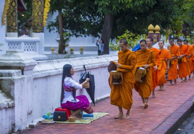 Luang Prabang, Laos - 11 Ağustos 2018: Luang Prabang Laos'ta üzerinde 11 Ağustos 2018 töreni Budist sadaka. Bu yaklaşık 1 içinde 3 erkek Laotians bir manastır katılmak tahmin edilmektedir