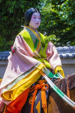 Kyoto - 15 Mayıs: Aoi Matsuri katılımcısı Kyoto, Japonya üzerinde 15 Mayıs 2018. AOI Mastsuri tarihlerinde Kyoto, Japonya'da üç ana yıllık festivaller biridir