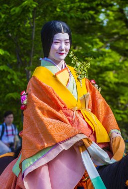 Kyoto - 15 Mayıs: Aoi Matsuri katılımcısı Kyoto, Japonya üzerinde 15 Mayıs 2018. AOI Mastsuri tarihlerinde Kyoto, Japonya'da üç ana yıllık festivaller biridir