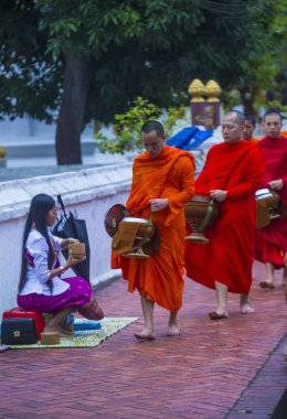 Luang Prabang, Laos - 11 Ağustos 2018: Luang Prabang Laos'ta üzerinde 11 Ağustos 2018 töreni Budist sadaka. Bu yaklaşık 1 içinde 3 erkek Laotians bir manastır katılmak tahmin edilmektedir