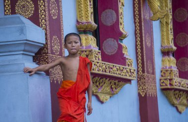 Luang Prabang, Laos - 12 Ağustos 2018: Acemi keşiş Luang Prabang Laos üzerinde 12 Ağustos 2018. Bu yaklaşık 1 içinde 3 erkek Laotians bir manastır en azından bir süre için katılmak tahmin edilmektedir