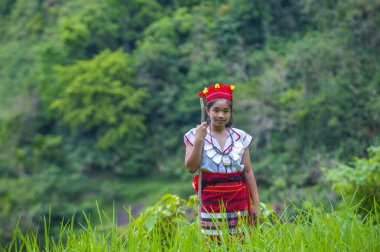 Banaue, Filipinler - Mayıs 02: Kadından Ifugao pirinç terasları Banaue Türkiye üzerinde 02 Mayıs 2018 yılında yakınındaki azınlık. Kuzey Filipinler dağların çoğunlukla canlı Ifugao azınlık