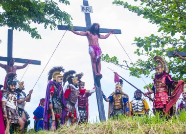 Boac, Filipinler - 30 Mart: Katılımcılar Boac Marinduque Moriones Festivali Türkiye ada. Anualy kutsal hafta düzenlenen Moriones Festivali 