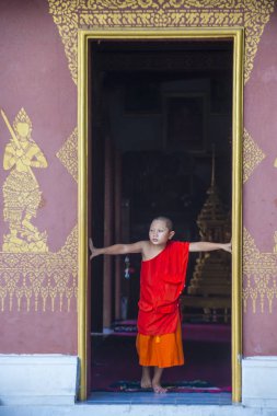 Luang Prabang, Laos - 12 Ağustos 2018: Acemi keşiş Luang Prabang Laos üzerinde 12 Ağustos 2018. Bu yaklaşık 1 içinde 3 erkek Laotians bir manastır en azından bir süre için katılmak tahmin edilmektedir