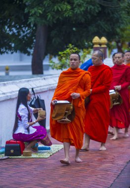 Luang Prabang, Laos - 11 Ağustos 2018: Luang Prabang Laos'ta üzerinde 11 Ağustos 2018 töreni Budist sadaka. Bu yaklaşık 1 içinde 3 erkek Laotians bir manastır katılmak tahmin edilmektedir