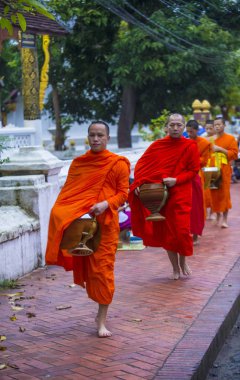 Luang Prabang, Laos - 11 Ağustos 2018: Luang Prabang Laos'ta üzerinde 11 Ağustos 2018 töreni Budist sadaka. Bu yaklaşık 1 içinde 3 erkek Laotians bir manastır katılmak tahmin edilmektedir