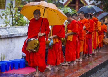 Luang Prabang, Laos - 11 Ağustos 2018: Luang Prabang Laos'ta üzerinde 11 Ağustos 2018 töreni Budist sadaka. Bu yaklaşık 1 içinde 3 erkek Laotians bir manastır katılmak tahmin edilmektedir