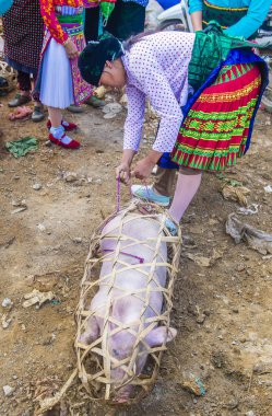 Dong Van, Vietnam - Ekim 16: Hafta sonu Pazar Dong Van Vietnam üzerinde 16 Eylül 2018. Piyasada çevreleyen tepelerden etnik gruplar için ticari bir yer