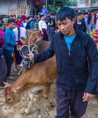Dong Van, Vietnam - Ekim 16: Hafta sonu Pazar Dong Van Vietnam üzerinde 16 Eylül 2018. Piyasada çevreleyen tepelerden etnik gruplar için ticari bir yer