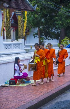 Luang Prabang, Laos - 11 Ağustos 2018: Luang Prabang Laos'ta üzerinde 11 Ağustos 2018 töreni Budist sadaka. Bu yaklaşık 1 içinde 3 erkek Laotians bir manastır katılmak tahmin edilmektedir