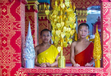 Luang Prabang, Laos - 12 Ağustos 2018: Acemi rahipler Luang Prabang Laos üzerinde 12 Ağustos 2018. Bu yaklaşık 1 içinde 3 erkek Laotians bir manastır en azından bir süre için katılmak tahmin edilmektedir