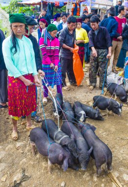 Dong Van, Vietnam - Ekim 16: Hafta sonu Pazar Dong Van Vietnam üzerinde 16 Eylül 2018. Piyasada çevreleyen tepelerden etnik gruplar için ticari bir yer
