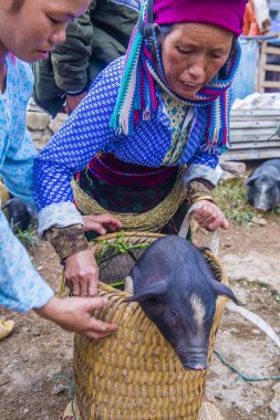 Dong Van, Vietnam - Ekim 16: Hafta sonu Pazar Dong Van Vietnam üzerinde 16 Eylül 2018. Piyasada çevreleyen tepelerden etnik gruplar için ticari bir yer