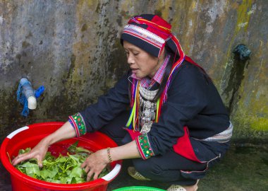 Ha Giang, Vietnam - Ekim 14: Kırmızı Dao azınlık Ha Giang Vietnam üzerinde 14 Eylül 2018 yakınlarındaki bir kasabada'kadın. Kırmızı Dao Vietnam 54 etnik gruplarından biridir