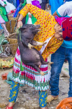 Dong Van, Vietnam - Ekim 16: Hafta sonu Pazar Dong Van Vietnam üzerinde 16 Eylül 2018. Piyasada çevreleyen tepelerden etnik gruplar için ticari bir yer
